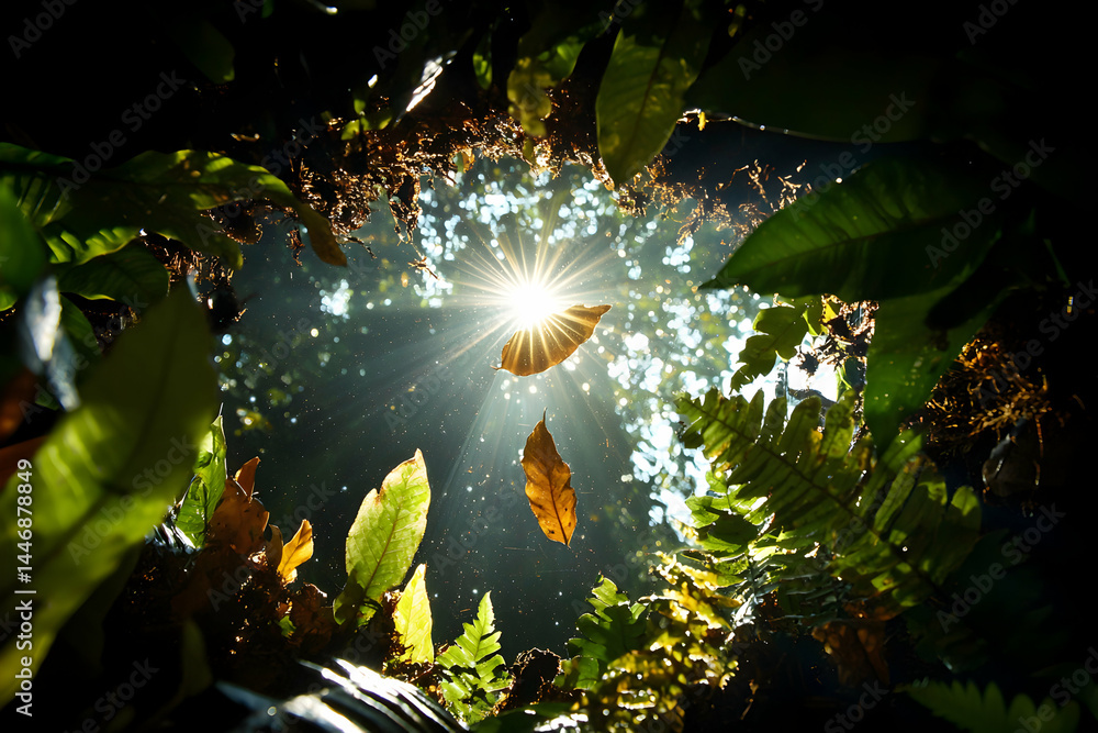 Poster sunlight streams through a forest canopy illuminating falling leaves. this image evokes tranquility 