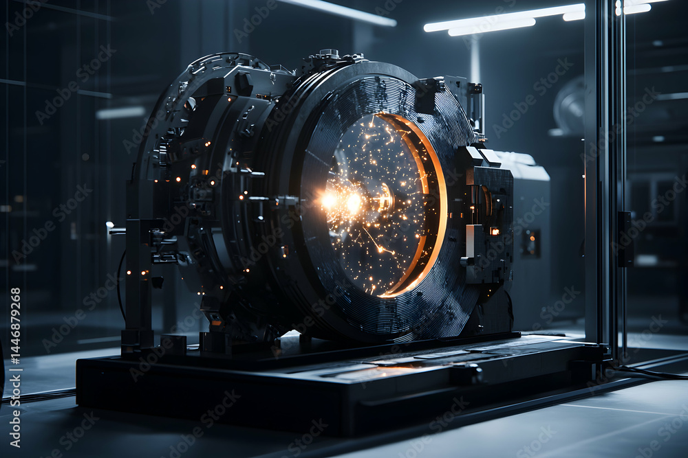 Poster futuristic device emitting energy in a high-tech lab setting. could be related to quantum physics pa