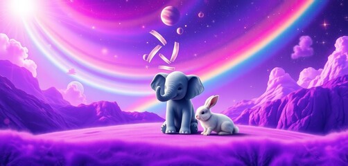 Purple rainbow space scene with a dreaming baby elephant and bunny, collage style,  stars,   wonderland