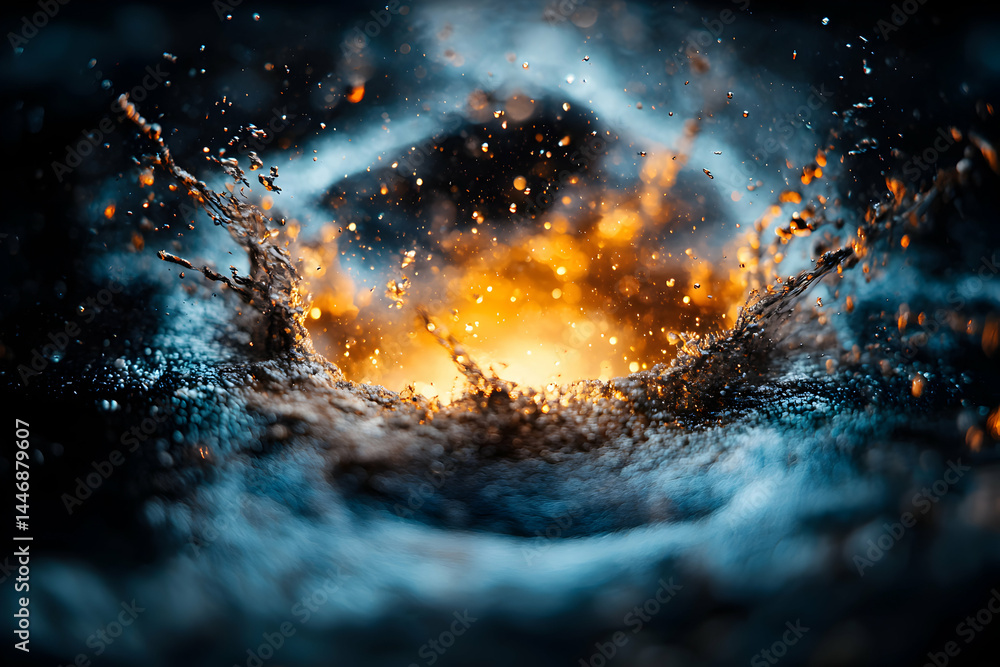 Poster dramatic water splash with golden light. great for abstract art projects visual effects or science r