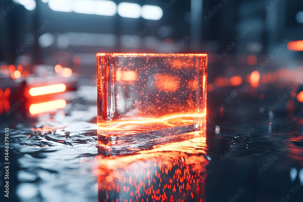 Poster an artistic rendering of an illuminated glass cube sitting in water. it appears to be glowing from w