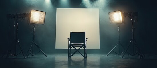 Empty chair in a studio, lit by two bright lights, in front of a white backdrop