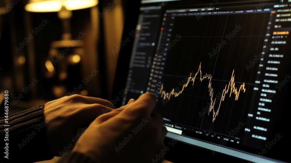 Poster analyzing stock charts on a computer screen, hands on the keyboard.