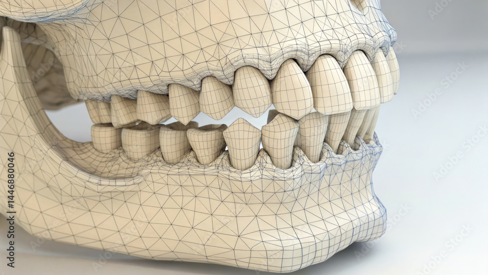 Poster detailed wireframe model of human skull showcasing teeth structure, emphasizing intricate design and