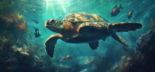Obraz premium Majestic sea turtle gracefully swims amidst vibrant coral reef and diverse fish