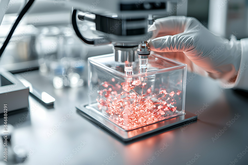 Poster a close-up shot of a scientific experiment with a glowing red substance inside a clear container. th