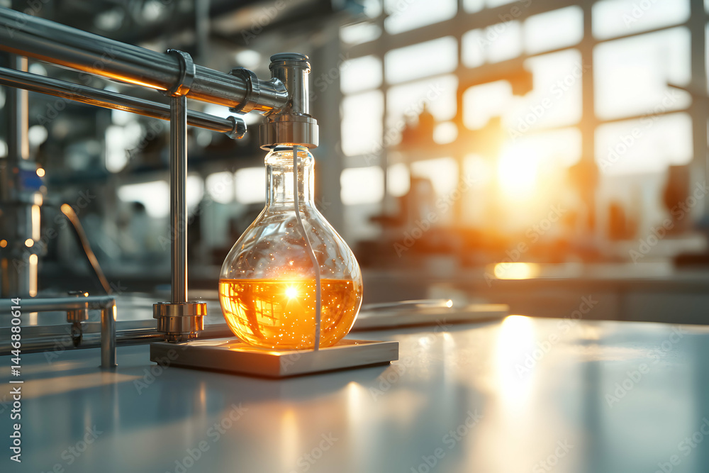 Poster image depicts a lab scene with a flask containing liquid. suitable for scientific articles or promot