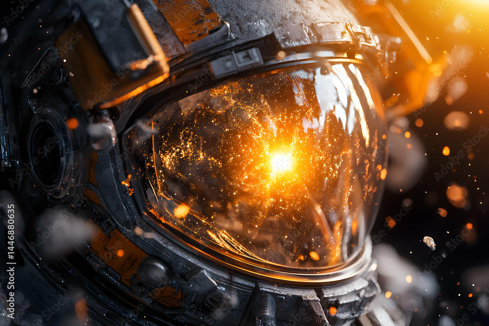 Aufkleber an astronaut's helmet glows with bright light within a starry cosmos suggesting exploration and wond