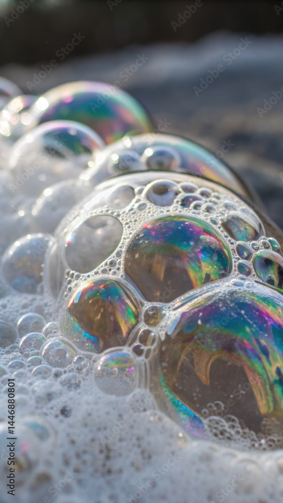 Poster bubbles reflect light mesmerizing display, creating beautiful cluster of soap foam. intricate patter