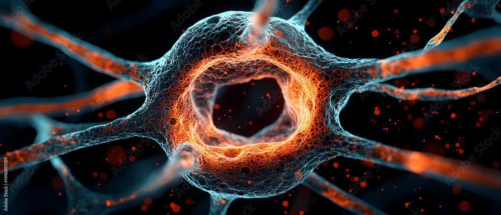 Poster artistic rendering of a neuron showing intricate cellular structure. could be used for educational r