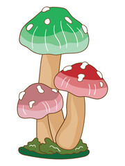 Colorful mushroom illustration featuring detailed caps and stems, ideal for botanical designs, nature-themed prints, fairy tale art, or educational materials.