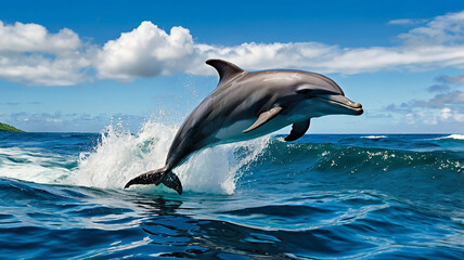Fototapeta premium A carefree bottlenose dolphin leaps high out of the sparkling blue sea waves under a bright blue sky dotted with fluffy white clouds