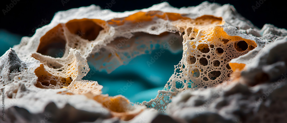 Poster a close up of a porous structure with yellow and white textures. could be used as a background for s