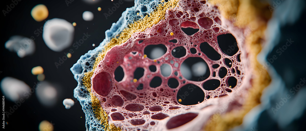 Poster an abstract macro image showcasing intricate cellular structures with vibrant colors and textures. p