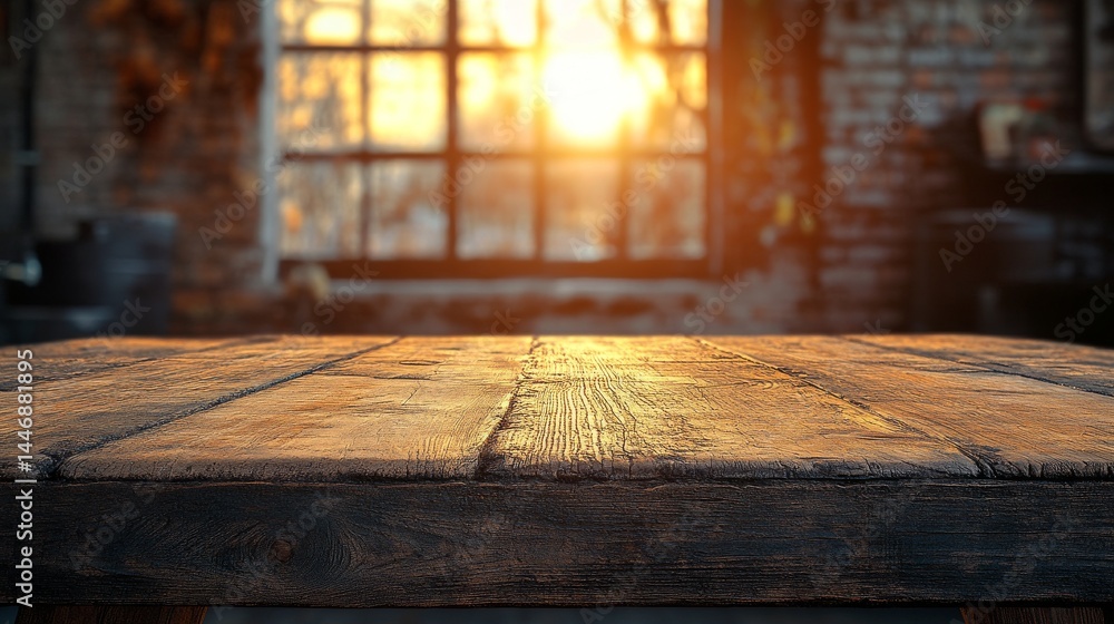 Poster rustic wooden tabletop with a sunlight-filtered window backdrop evoking warmth and nostalgia creatin