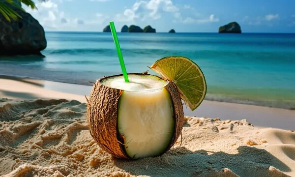 Rinfrescante Cocktail alla Noce di Cocco su una Spiaggia Tropicale in Thailandia