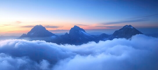Serene sunset over majestic mountain peaks piercing a sea of clouds