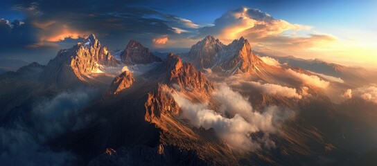 Majestic sunset illuminates snow-capped peaks and cloudscape