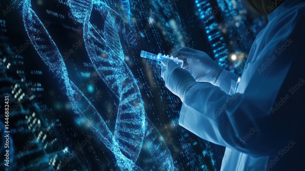 Poster futuristic depiction showcasing a scientist in a lab environment