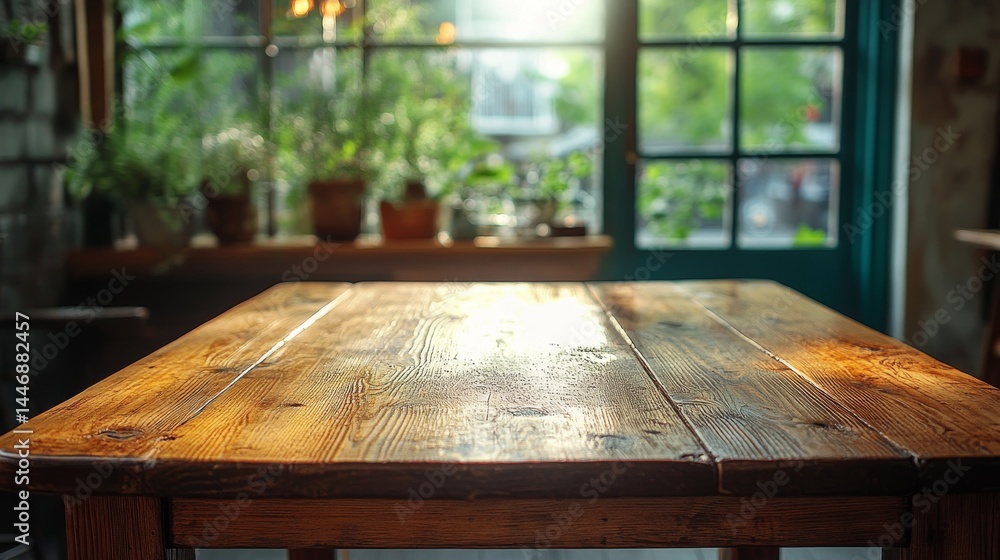 Poster rustic wooden tabletop surface with natural light and blurred greenery backdrop for product display 