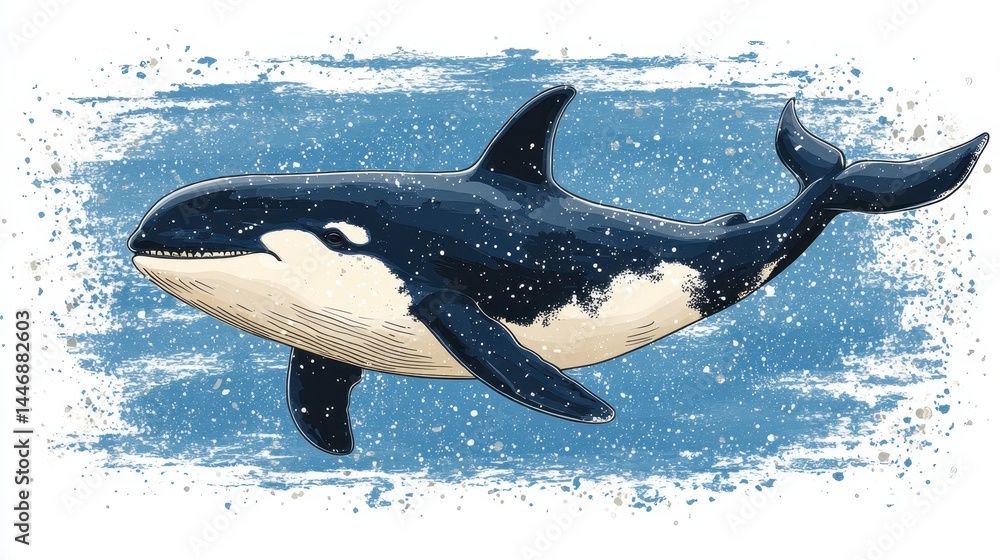 Poster pixelated orca illustration with oceanic spray background creating a distinctive visual effect perfe