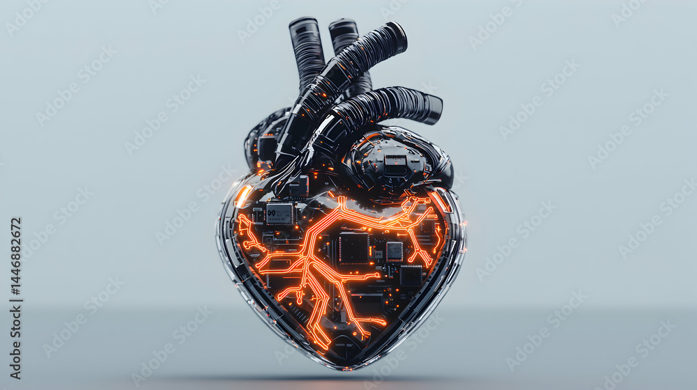Poster a futuristic mechanical heart glows with orange circuits. it symbolizes artificial intelligence and 