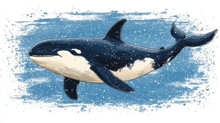 Obraz premium Pixelated orca illustration with oceanic spray background creating a distinctive visual effect perfect for creative digital designs art prints and educational resources