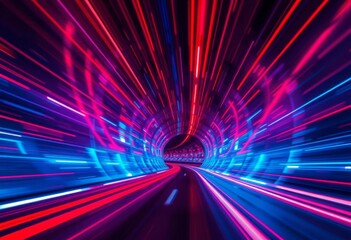 Red and blue light streaks converge in a futuristic tunnel, high-speed motion blur, wallpaper, technology