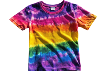 Vibrant rainbow tie dye t shirt showcasing a spectrum of colors in a captivating design on transparent background