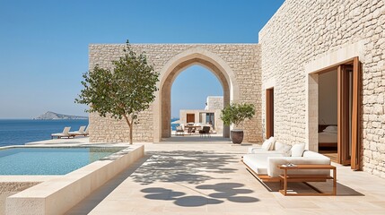 Fototapeta premium Event arch made entirely of monochrome balloons, glossy textures catching bright sunlight, modern stone patio with minimalist furniture, shadows softly traced