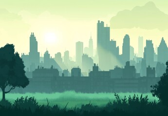 Obraz premium Urban landscape at dawn. Lush green field borders city skyline