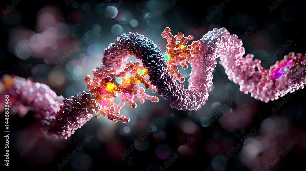 Poster an artistic rendering of biological structures likely proteins or dna. use for educational material 
