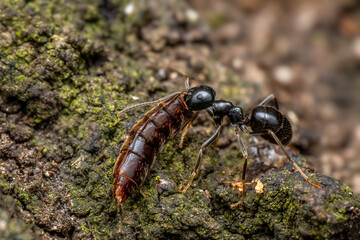 Black forest ant - Lasius fuliginosus, beautiful small black forest ant from Euroasian forests and woodlands, Czech Republic.