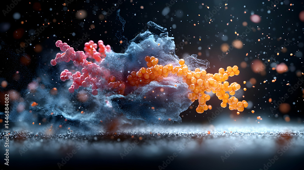 Poster abstract image of molecular structures floating in a dark space. suitable for science presentations 