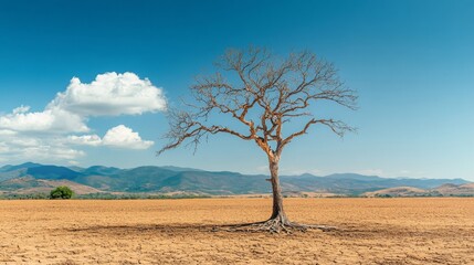 Fototapeta premium Leafless Tree in Arid Landscape Under Bright Sun