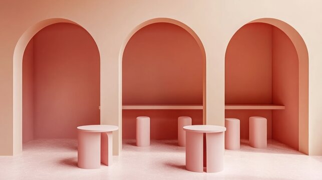 Monochromatic blush-toned interior with arched alcoves and minimalist furniture.