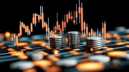 Stacks of coins and an orange and white candlestick chart on a dark background. The image suggests financial growth or decline