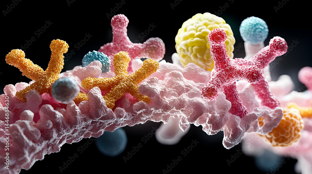 Poster intricate microscopic view of biological structures. great for educational content related to cellul
