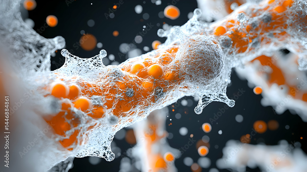 Poster a macro view of biological structures with orange spheres encased in a delicate web-like substance. 