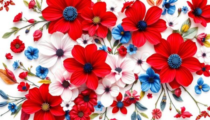 Red, white, and blue floral pattern on white background; vibrant blooms,  print,  white flowers