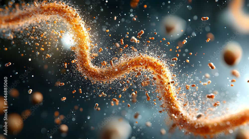Poster an abstract microscopic view of a cellular structure with floating particles. suggests biological or