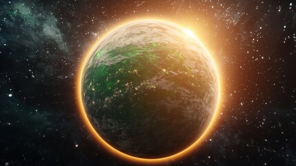 Obraz premium A vibrant green and orange alien planet, bathed in the warm glow of a nearby star. The planet's surface shows intricate details and textures, set