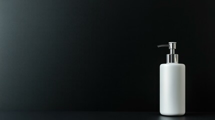 Obraz premium Minimalist image of white soap dispenser with chrome pump on dark back