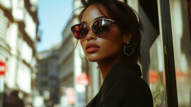 Close-up portrait of a woman wearing sunglasses outdoors.