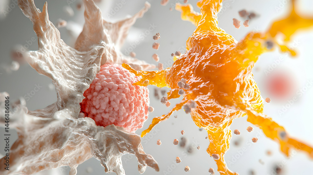 Poster artistic representation of cellular structures possibly depicting immune responses or cellular inter