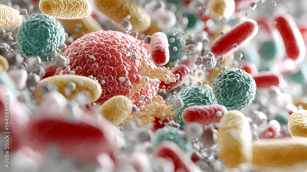 Poster a microscopic view of various microbes. this image is ideal for educational materials. it could be u