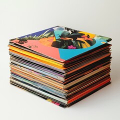 A vibrant stack of colorful vinyl records