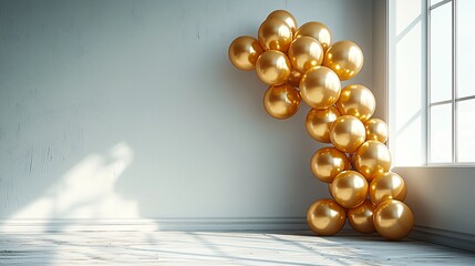Champagne gold balloon arch in daylight beside a minimal stage setup, elegant flooring with bright sunlight exposure, styled for a corporate or gala event, crisp and clear