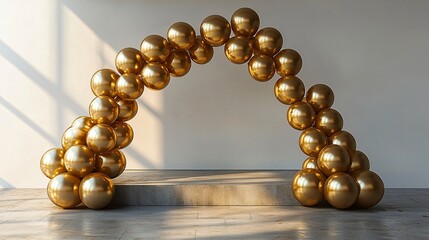 Champagne gold balloon arch in daylight beside a minimal stage setup, elegant flooring with bright sunlight exposure, styled for a corporate or gala event, crisp and clear