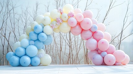 Delicate pastel balloon arch with touches of floral, soft outdoor setup on white tiles, daylight scene with light breeze effect visible, perfect for boutique event